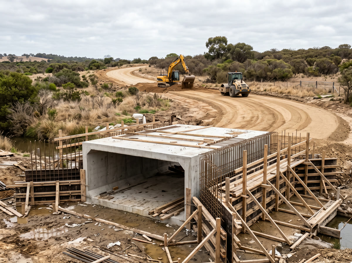 Civil engineering works on a new road, with a box culvert under construction