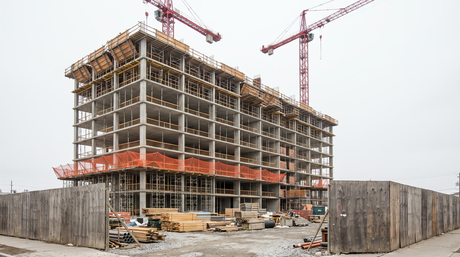 A high rise building under construction with tower cranes