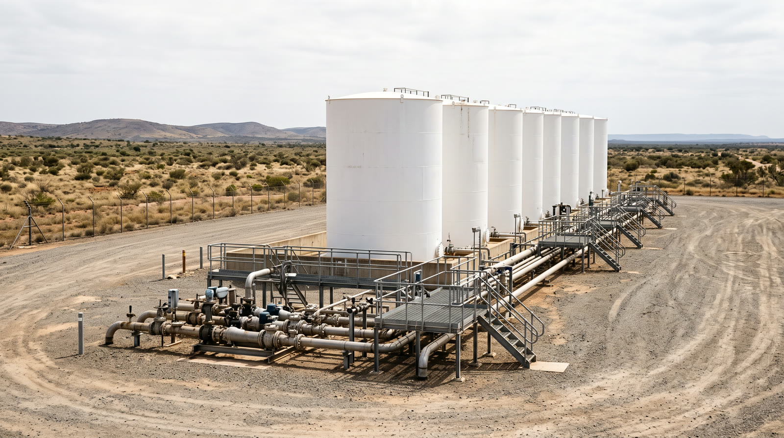 Bulk fuel storage tanks and pipework at a petroleum depot