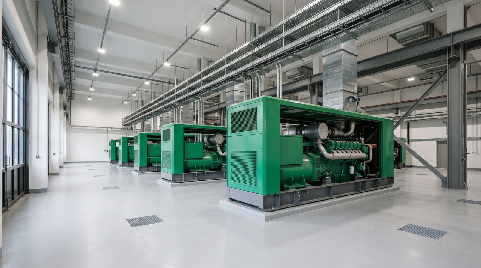 Generator sets inside an industrial power generation hall