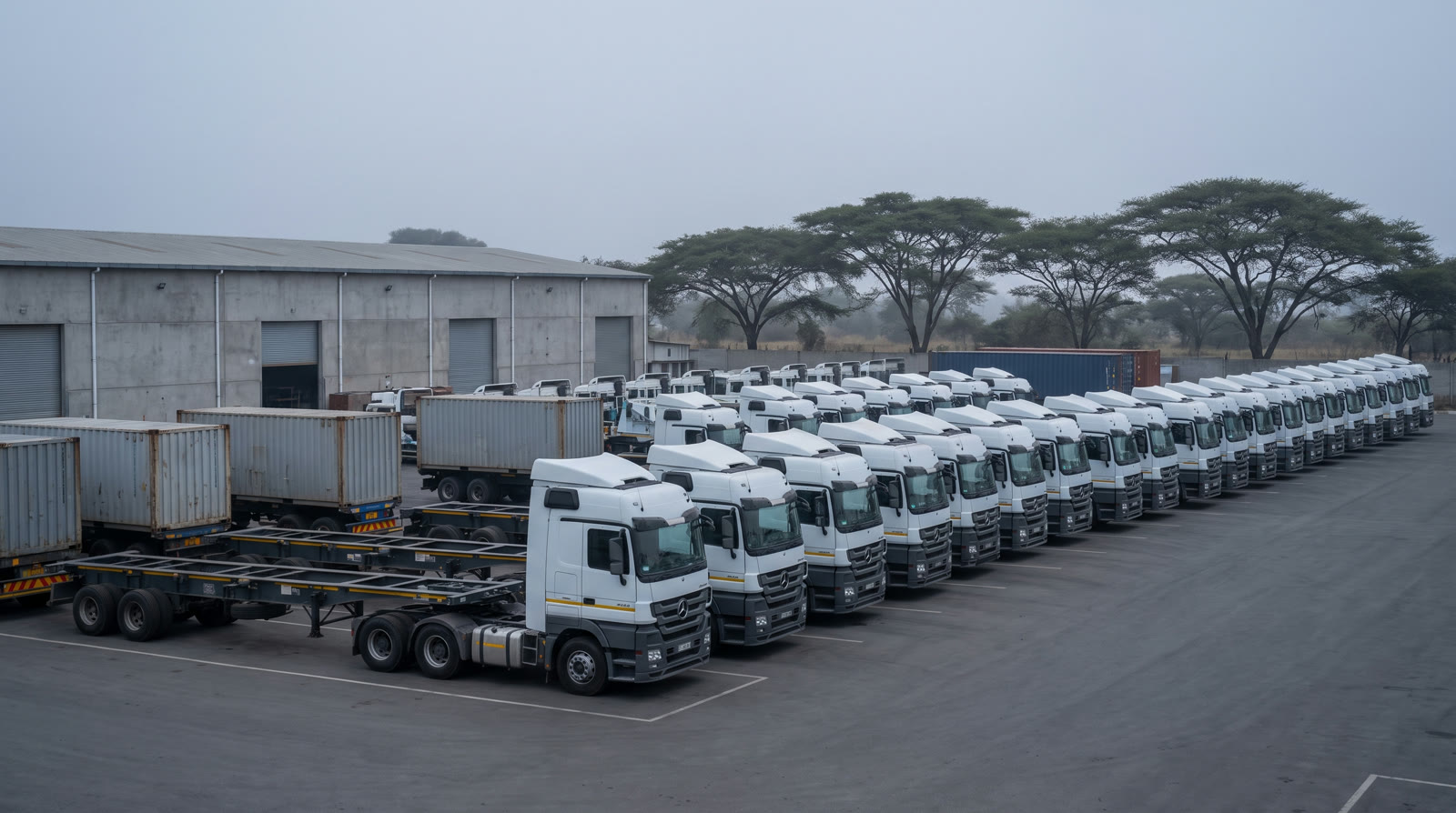 A fleet of haulage trucks at an OPAL Group transport depot
