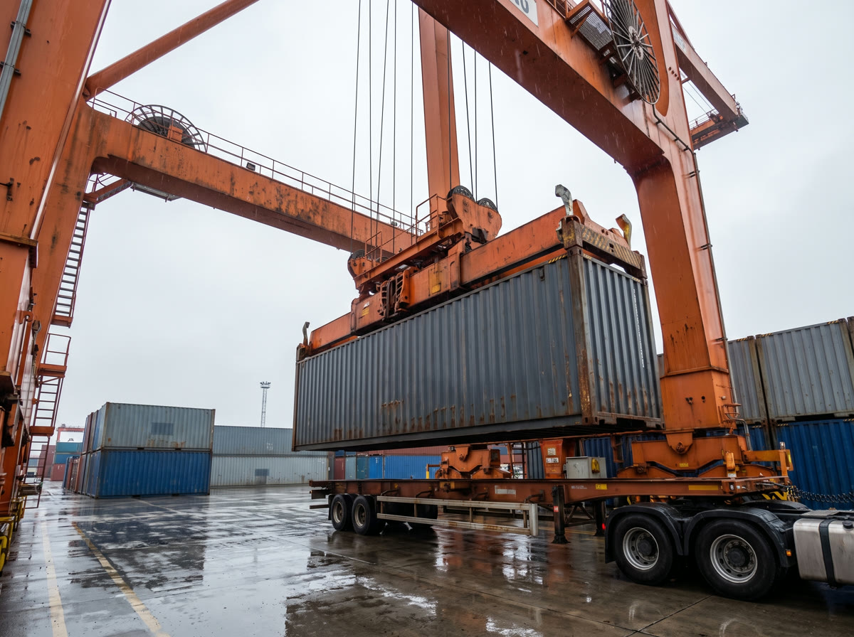 A gantry crane lowering a shipping container onto a waiting trailer