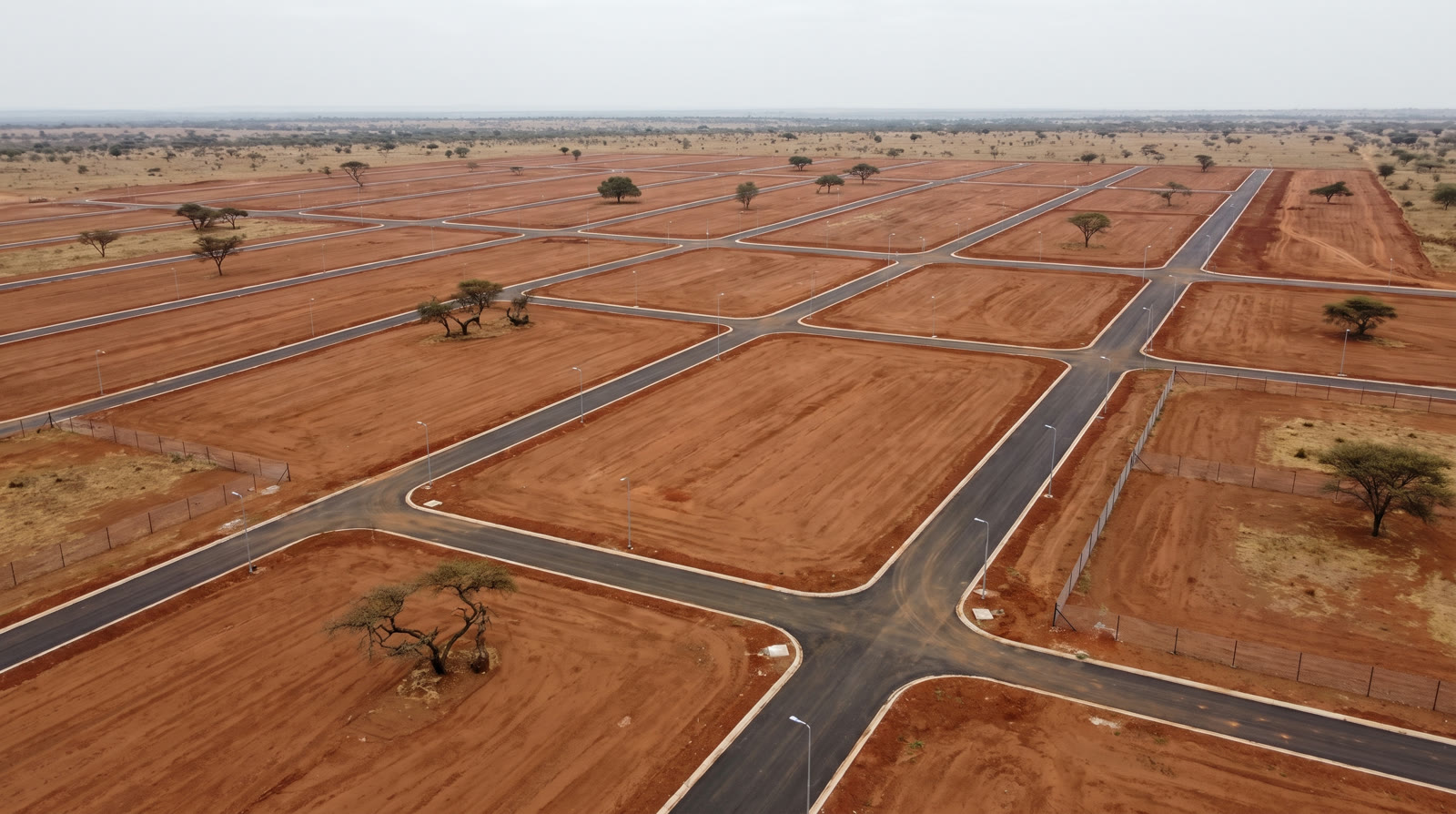 An aerial view of newly serviced development plots and access roads