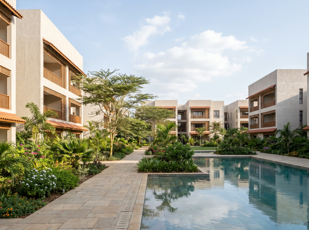 A modern residential development with landscaped grounds